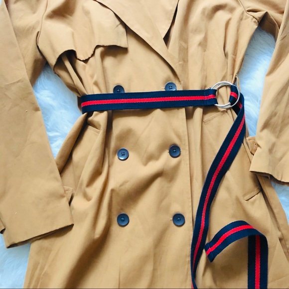 Madison Tan Navy Red Trench With Belt Coat Sz M - Picture 10 of 16